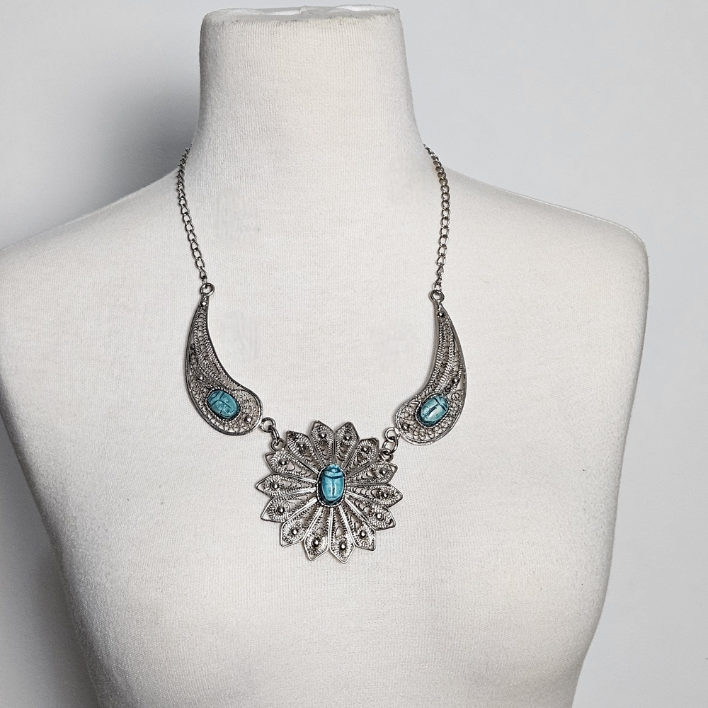Silver and Faux Turquoise Scarab Necklace